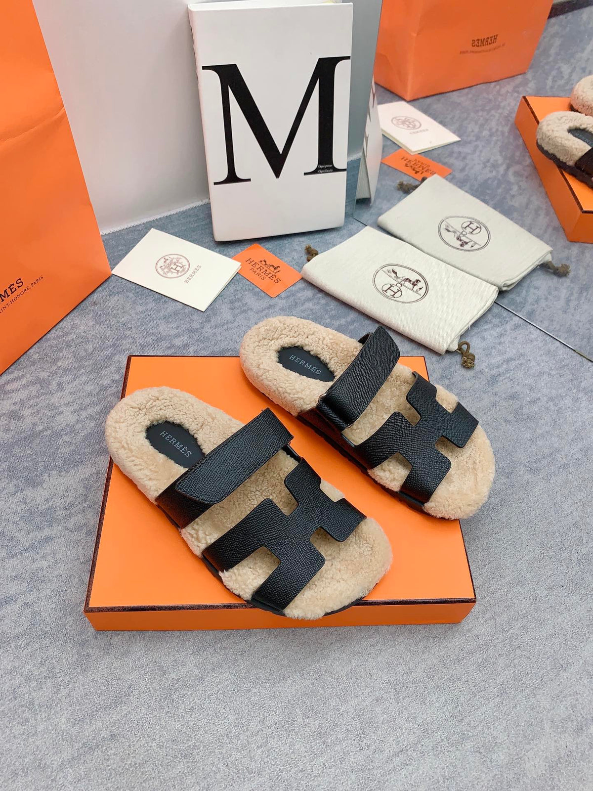 HM 26s Chypre Sandals Black Caviar Leather Shearling 160901