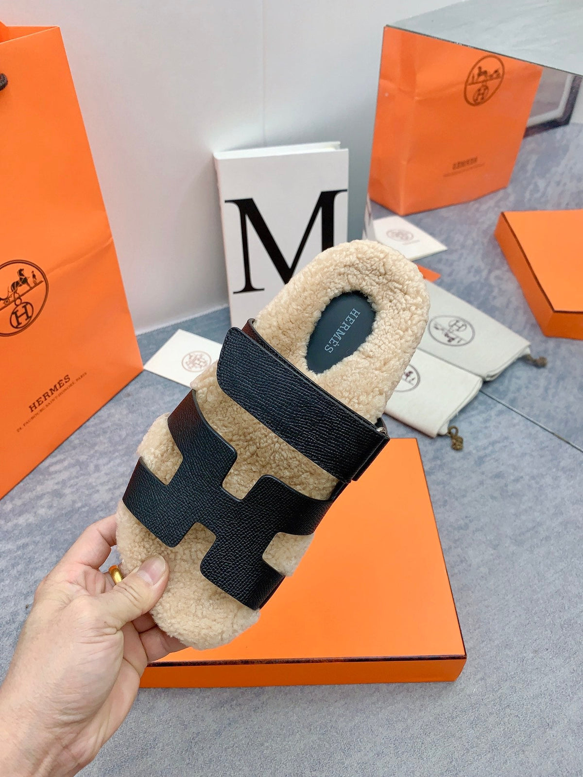 HM 26s Chypre Sandals Black Caviar Leather Shearling 160901