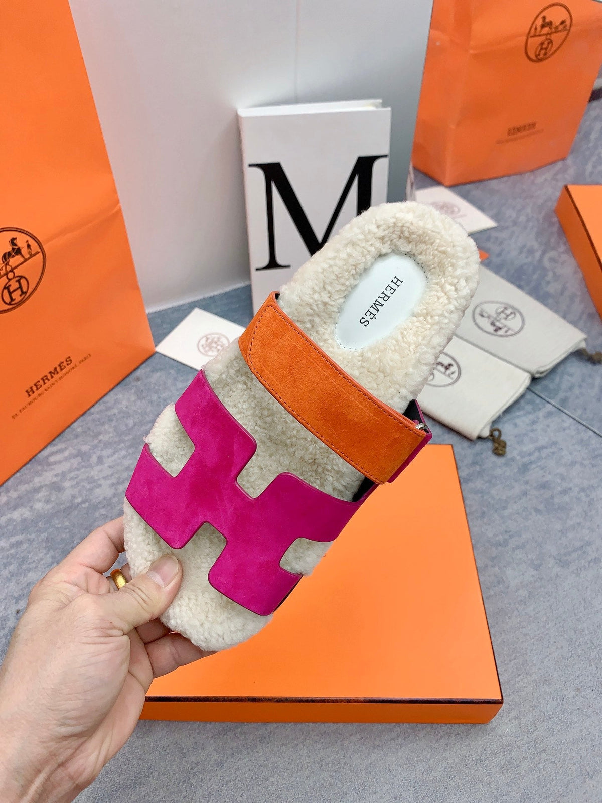 HM 26s Chypre Sandals Framboise Orange Suede Shearling 160905