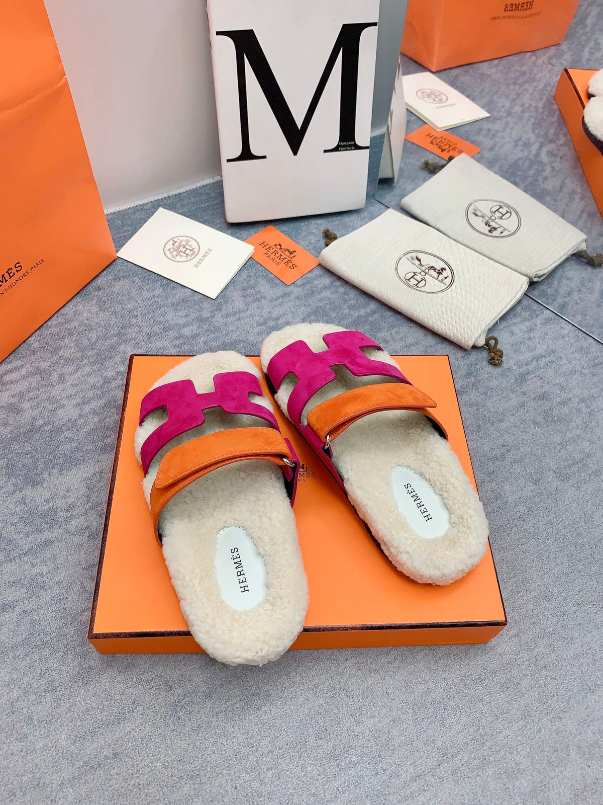 HM 26s Chypre Sandals Framboise Orange Suede Shearling 160905