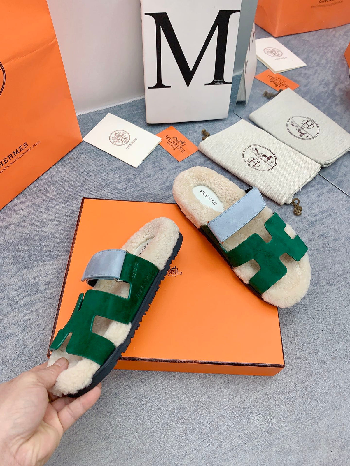 HM 26s Chypre Sandals Vert Émeraude Suede Shearling 160922