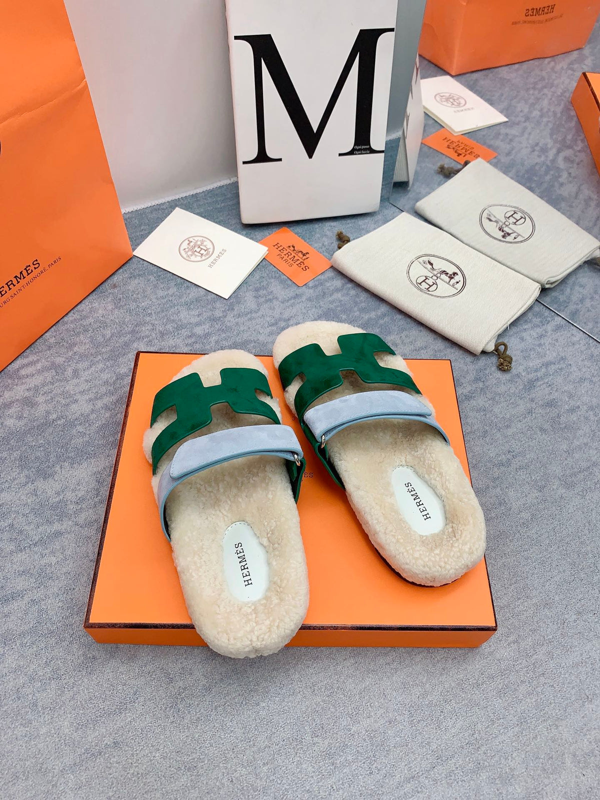 HM 26s Chypre Sandals Vert Émeraude Suede Shearling 160922