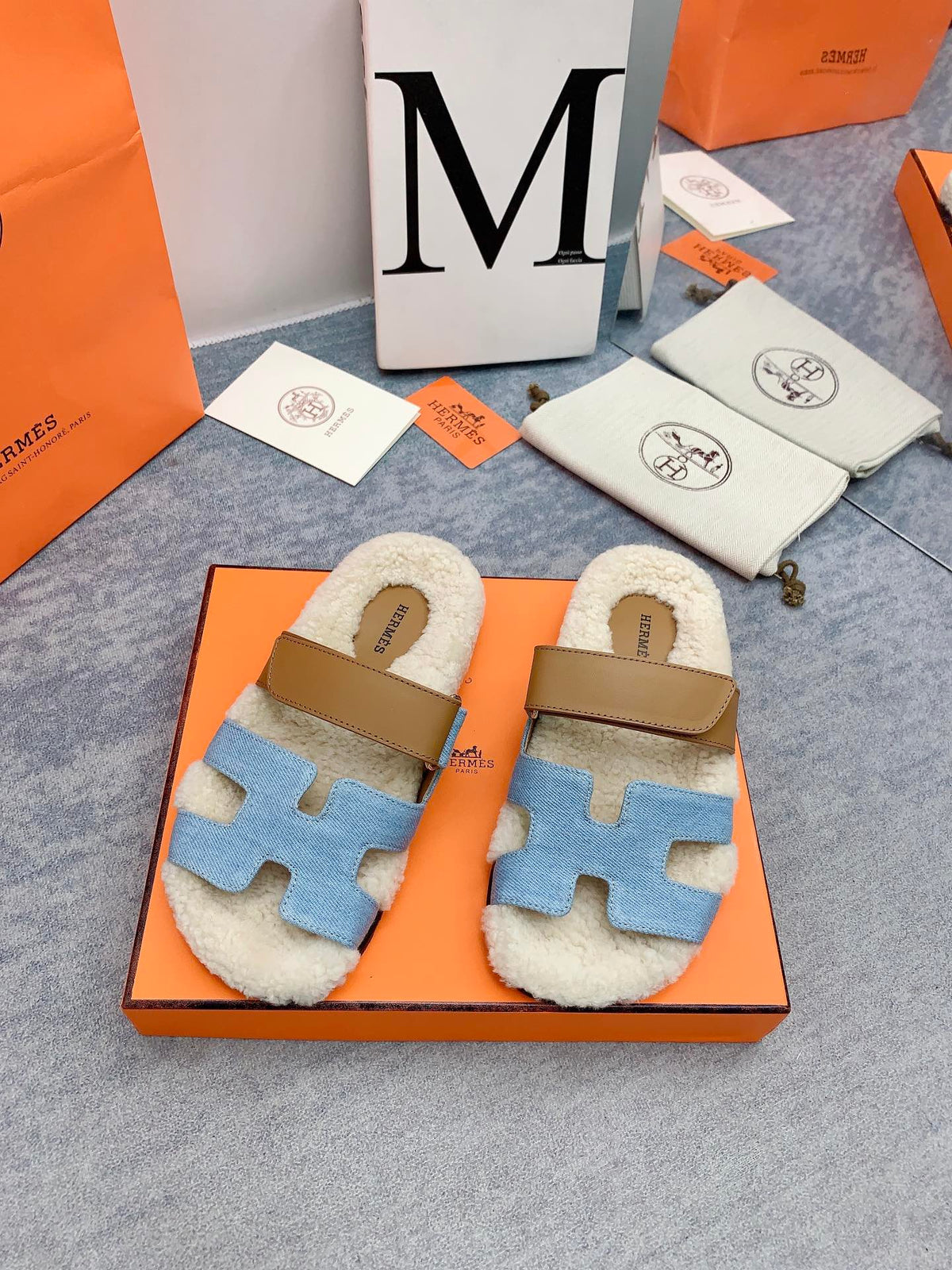 HM 26s Chypre Sandals Blue Denim Leather Shearling 160914