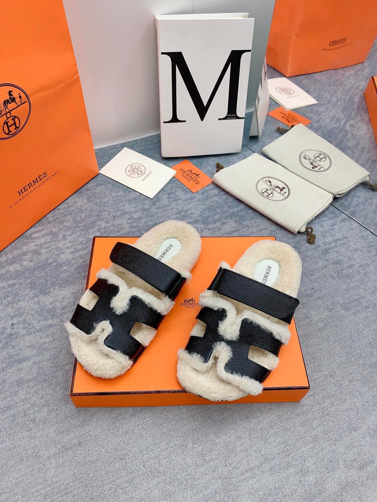 HM 26s Chypre Sandals Black Leather Shearling 160916