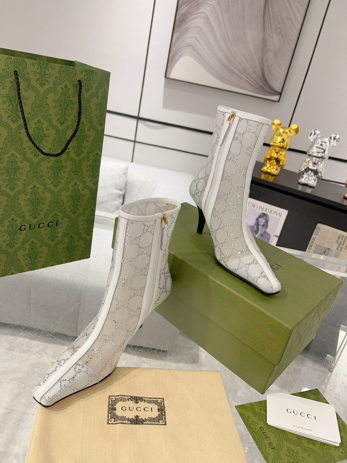 Gucci Ankle Boots In White Mesh And Sheepskin With Gg Crystals
