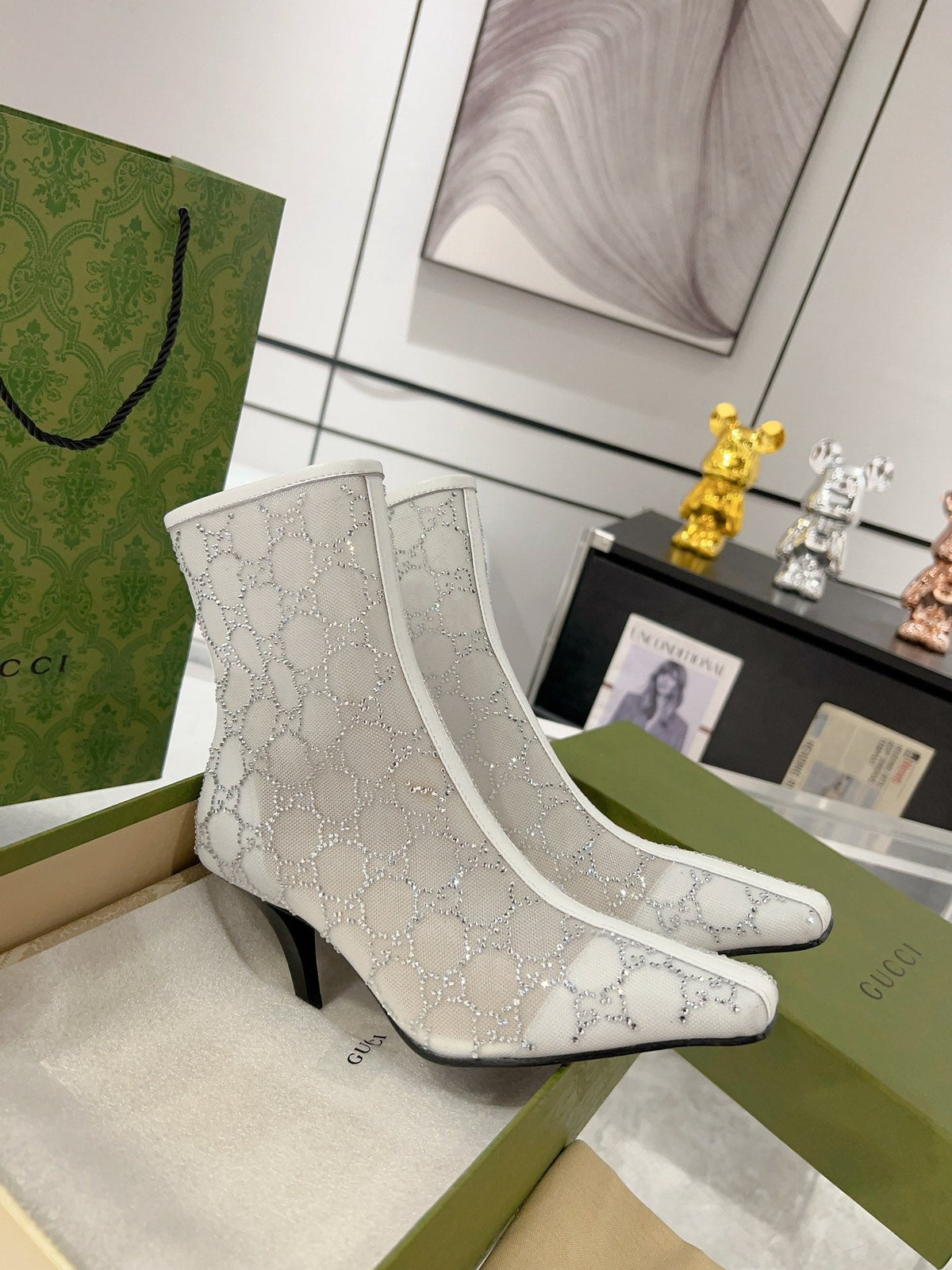 Gucci Ankle Boots In White Mesh And Sheepskin With Gg Crystals