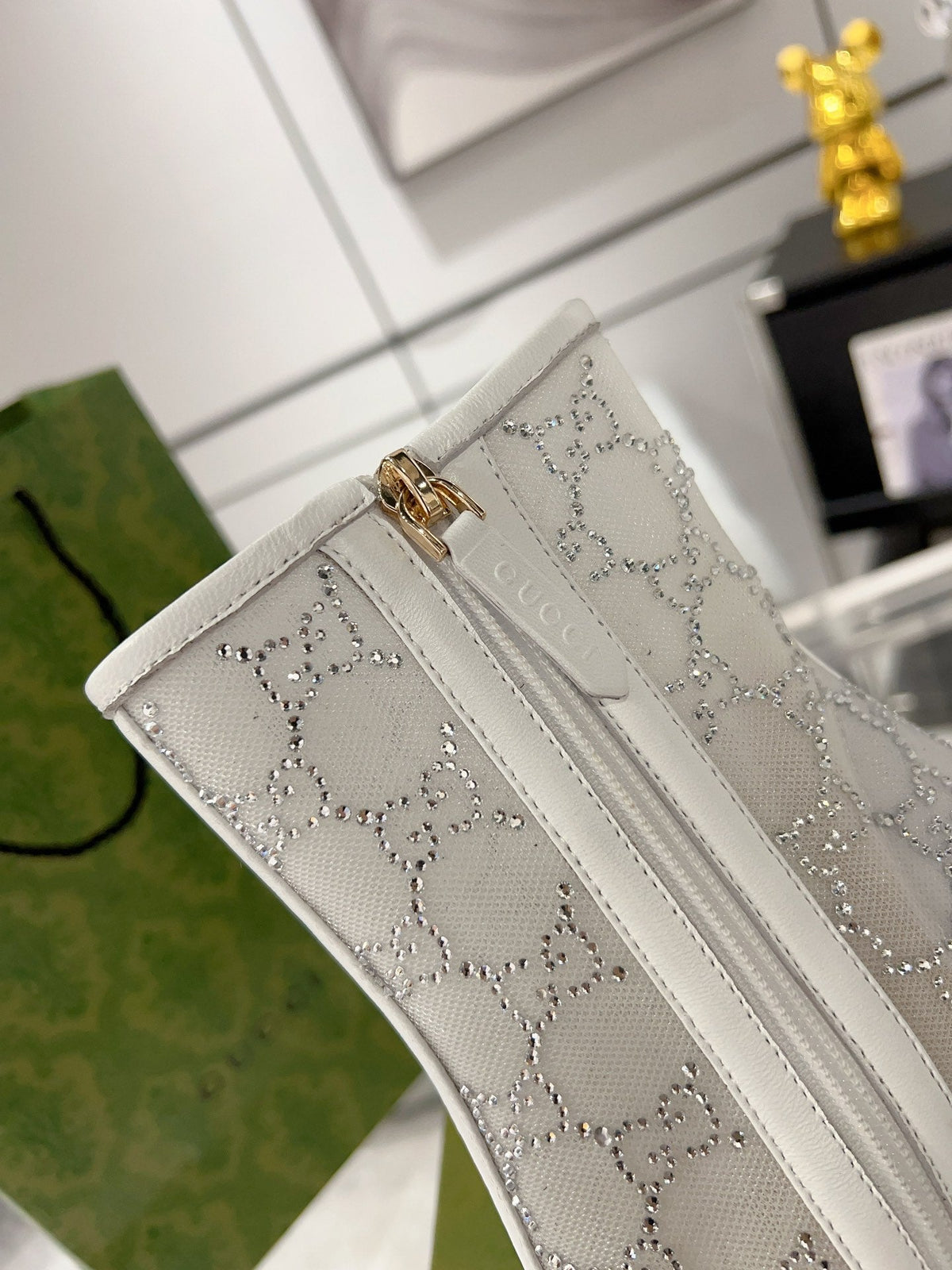 Gucci Ankle Boots In White Mesh And Sheepskin With Gg Crystals
