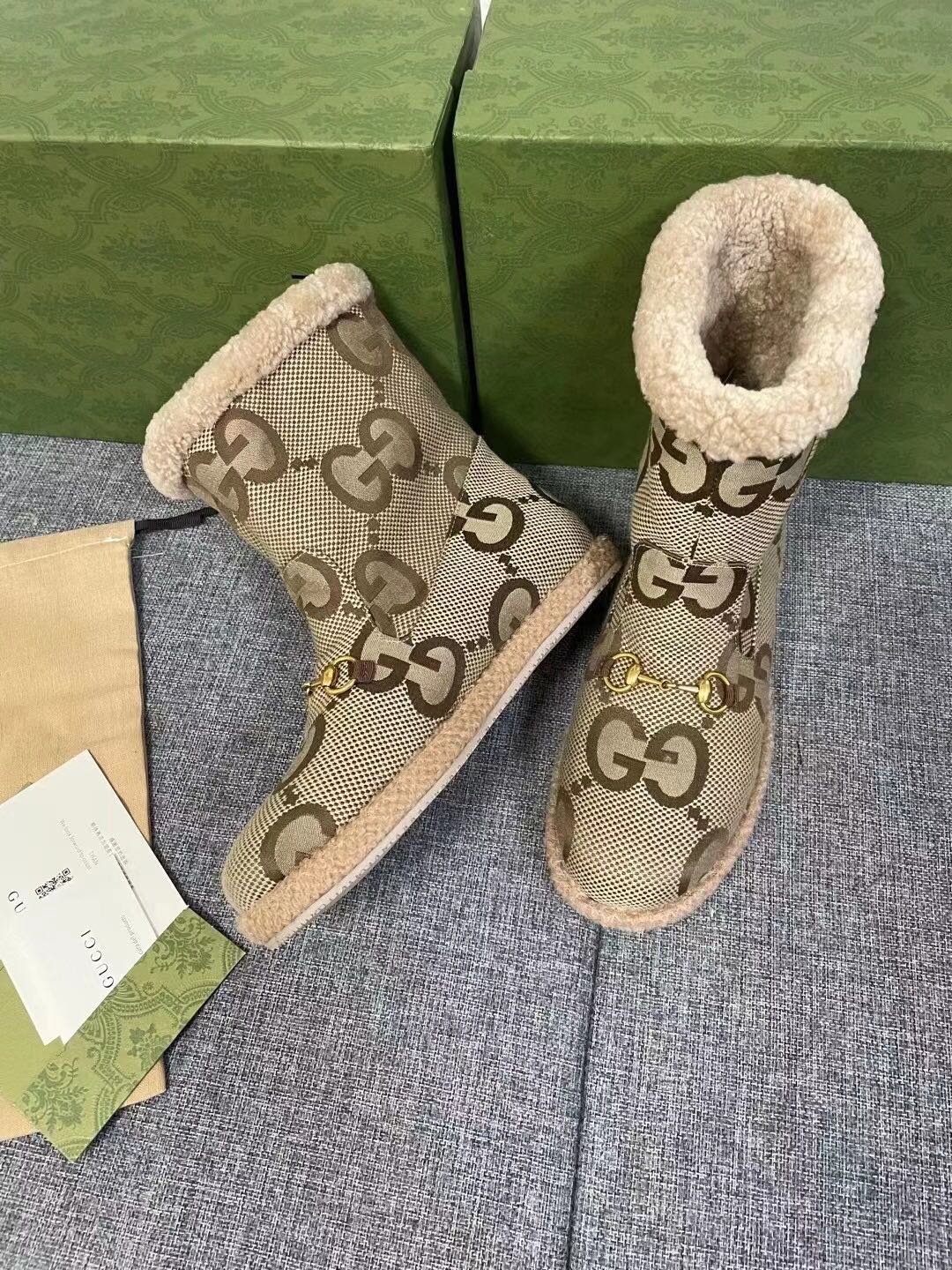 Gucci 2025 Monogram Boot Ebony Beige Canvas Wool 564788