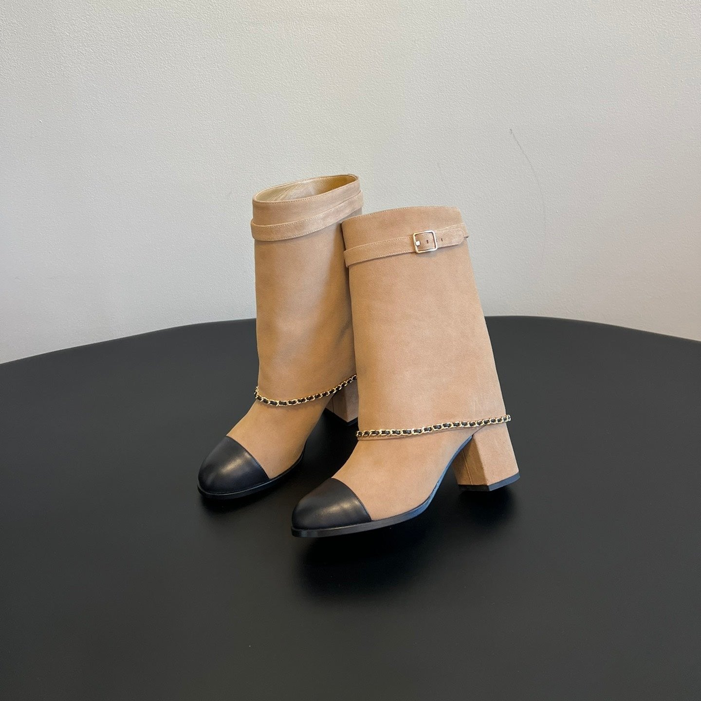 CC Short Boots Dark Beige With Chain Suede And Cowhide 944965