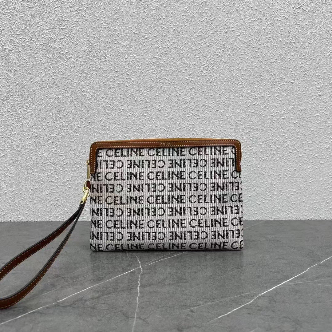 Celine Small Pouch with with Celine Print White Brown Calfskin Textile