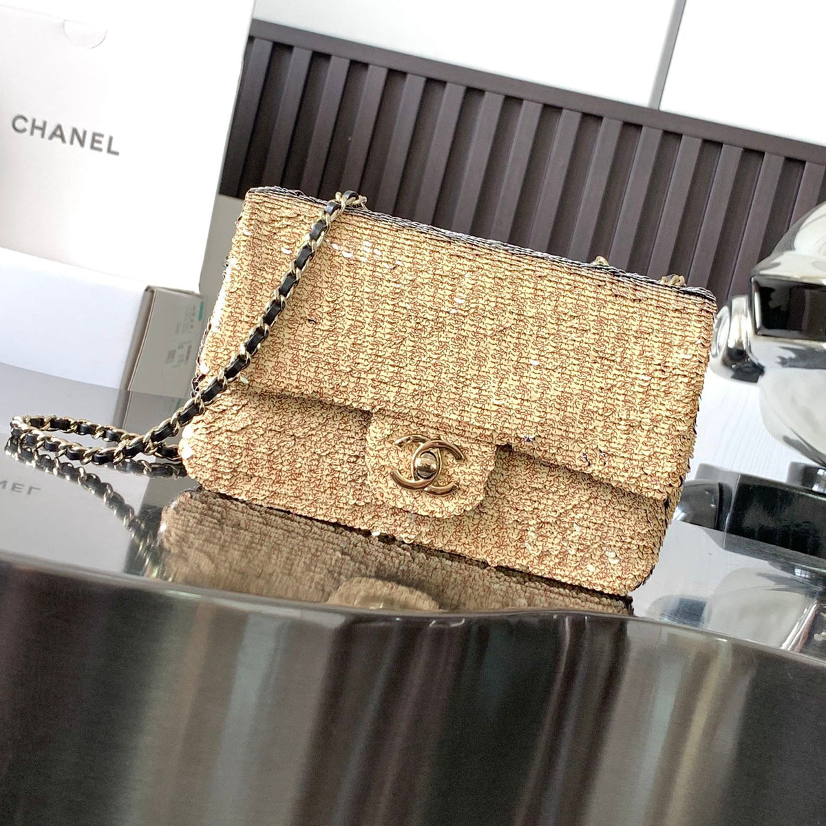 CC 26s Flap Bag Beige CC Logo Printed Sequins 996772 GHW