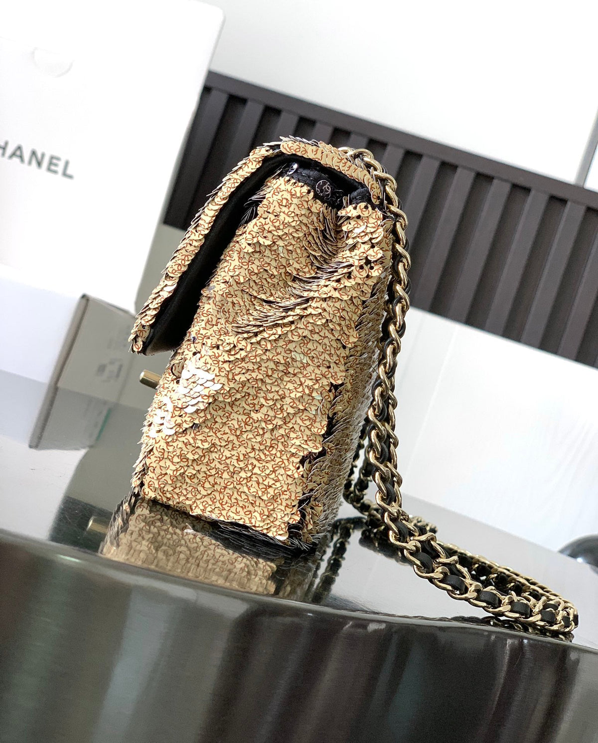 CC 26s Flap Bag Beige CC Logo Printed Sequins 996772 GHW