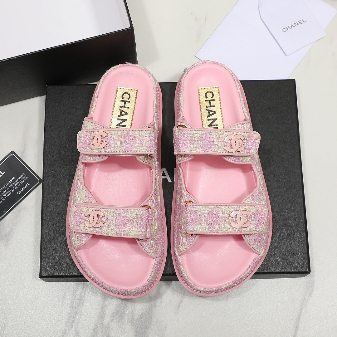 CC SS26 Dad Sandals Pink White Tweed Lambskin 678968
