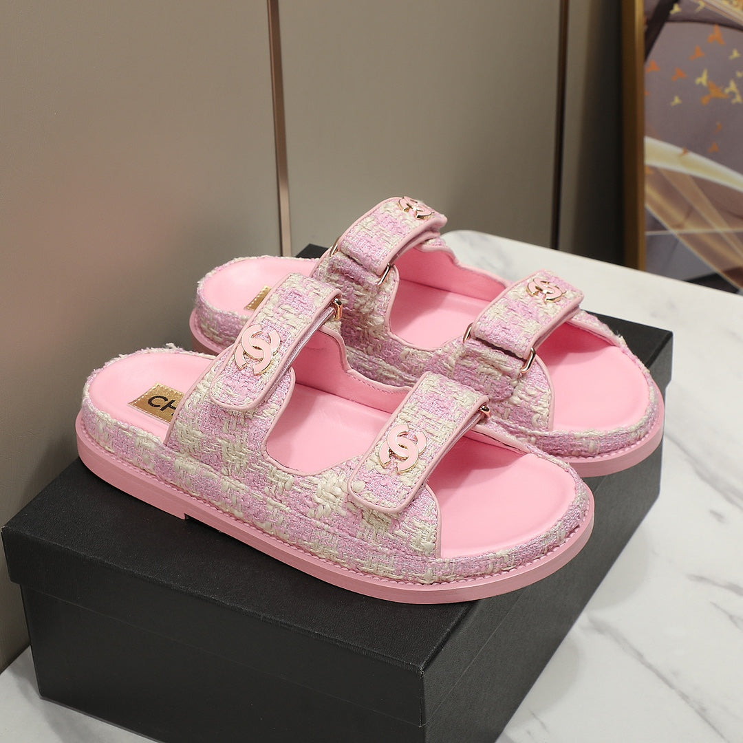 CC SS26 Dad Sandals Pink White Tweed Lambskin 678968