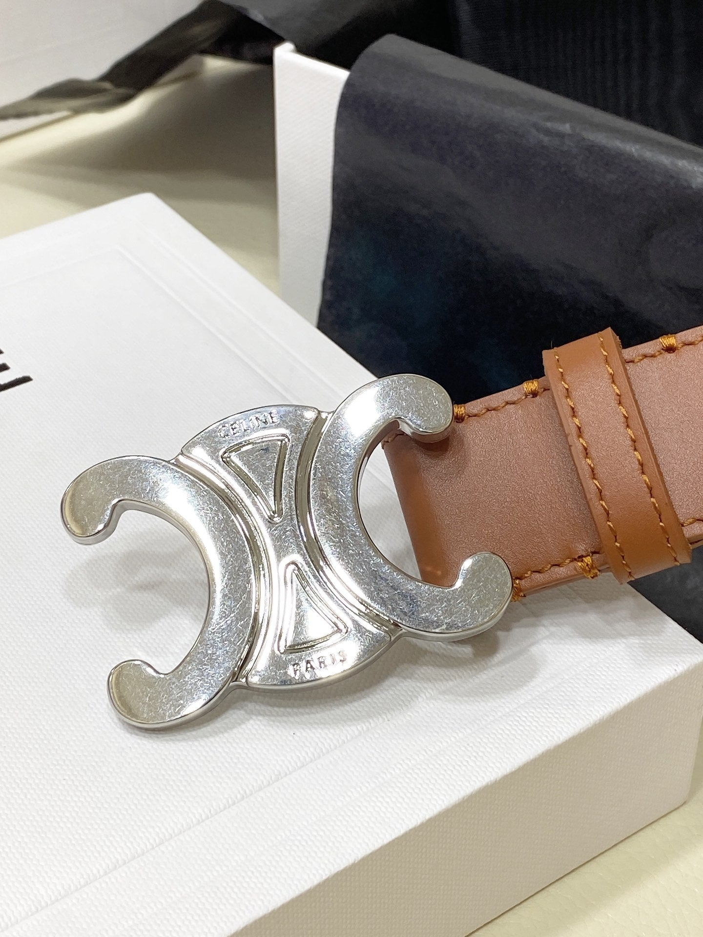 CL LARGE 30 MM TRIOMPHE BELT IN BRONZE BROWN SILVER HARDWARE