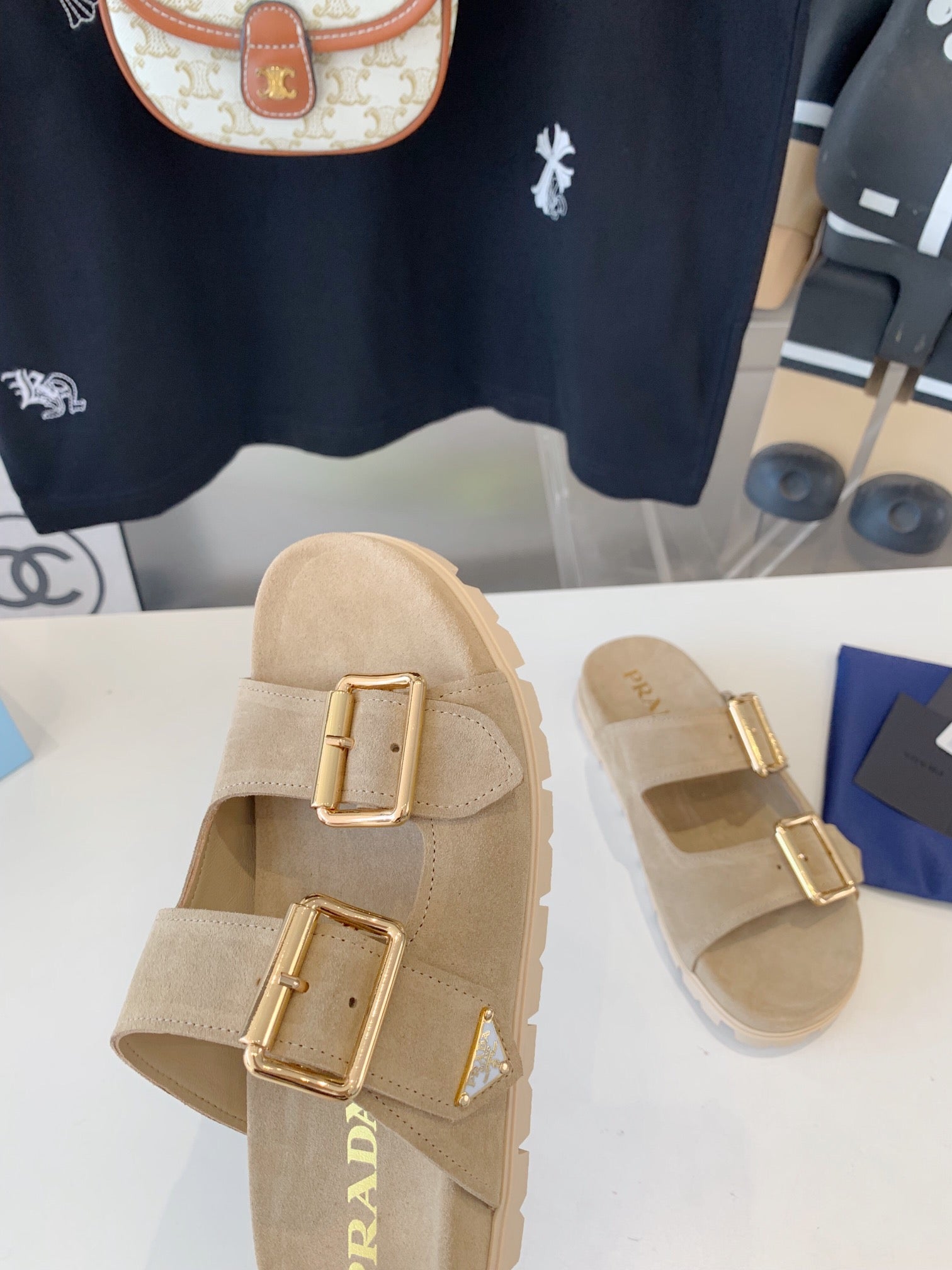 PRA STRAP SLIDES SANDALS BEIGE SUEDE 0001