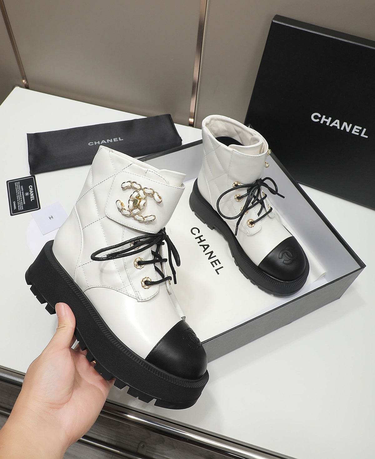 CC 26s Combat Boots White Black Quilted Leather 194066