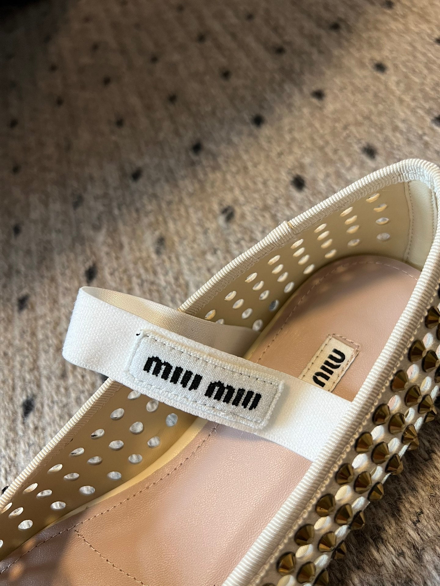Miu 26s Ballerina Flats In Light Beige Mesh Calfskin With Rhinestones