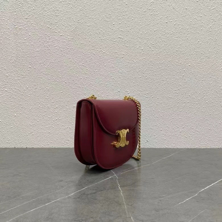 Celine Chain Besace Clea Bag Triomphe Burgundy Calfskin GHW
