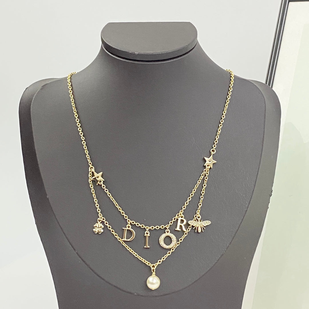 CD 26S Multi Charm Layered Dior Necklace With Pearl Drop In Gold Tone 631779