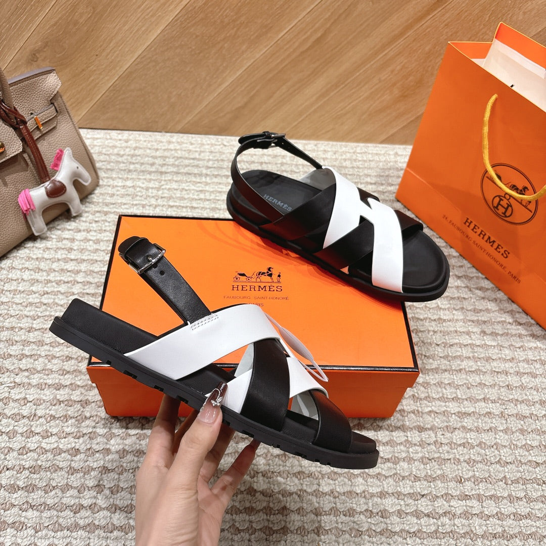 HM 26s Cross-Strap Sandals In Black And White Calfskin