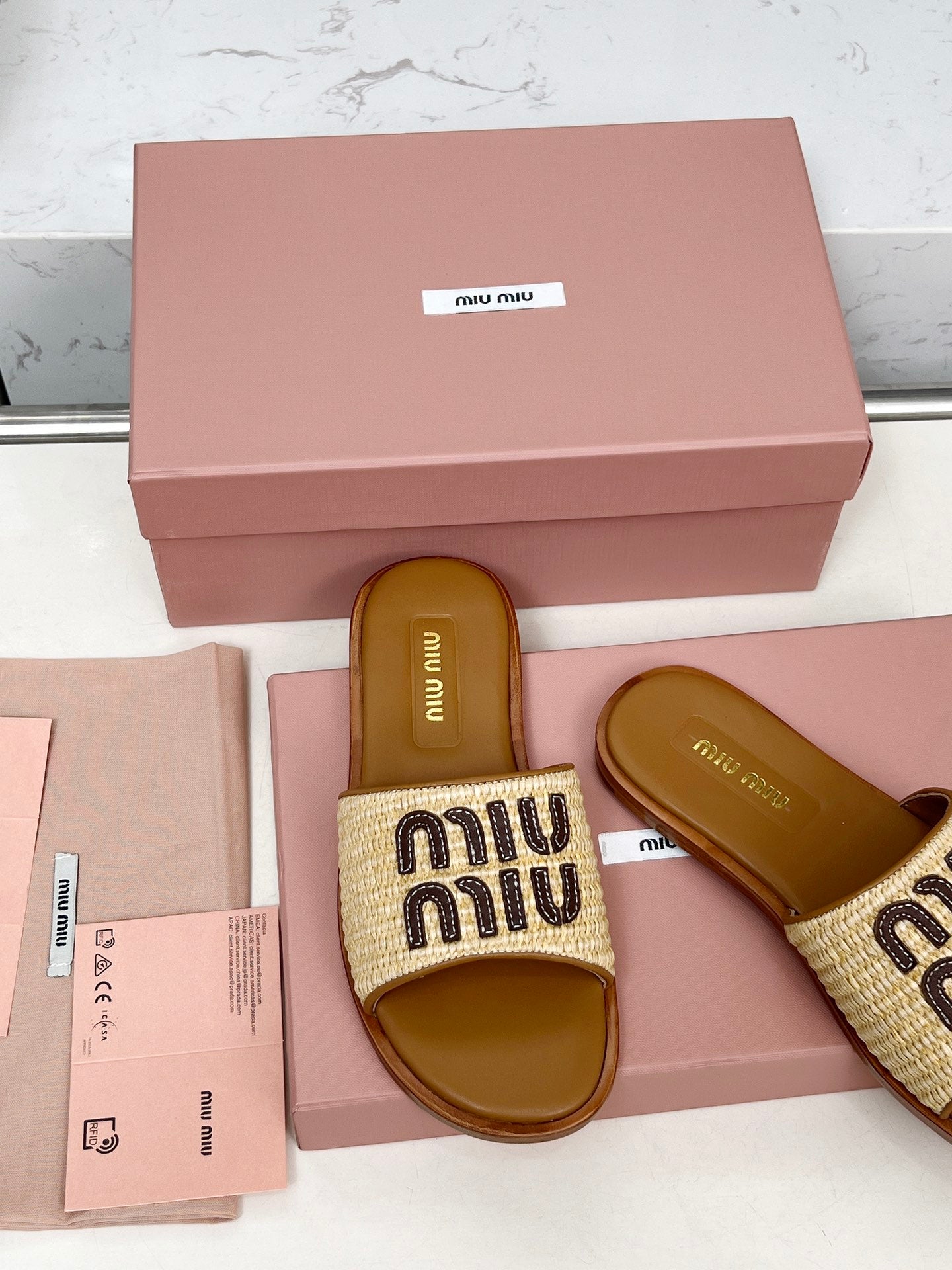 Miu Logo-Patch Slides Beige Brown Leather Raffia 935778