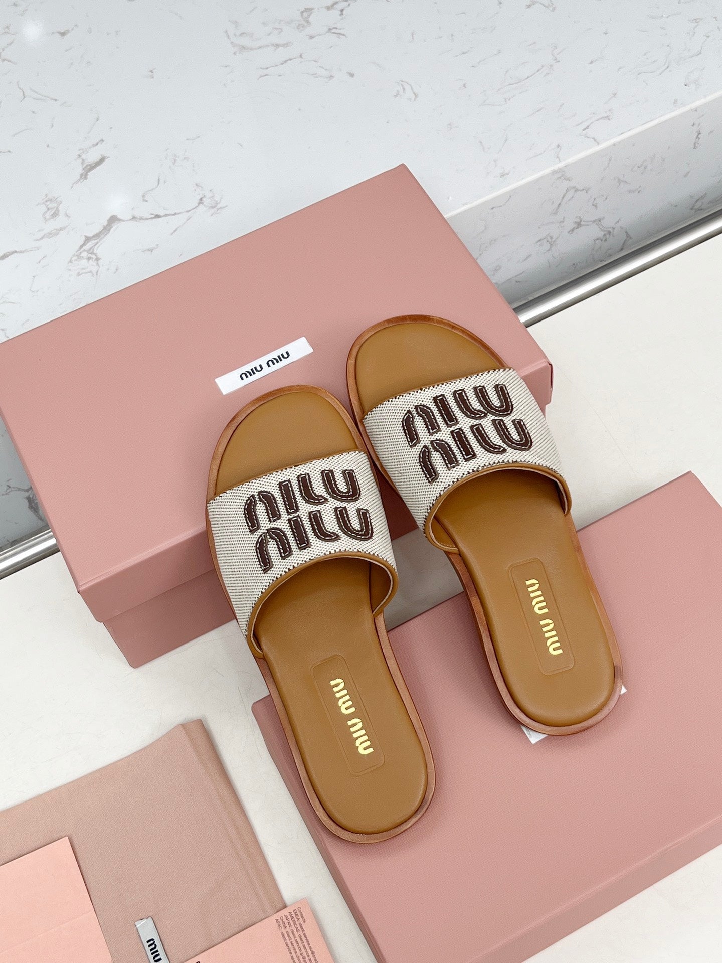 Miu Logo-Patch Slides Brown White Leather Canvas 935775