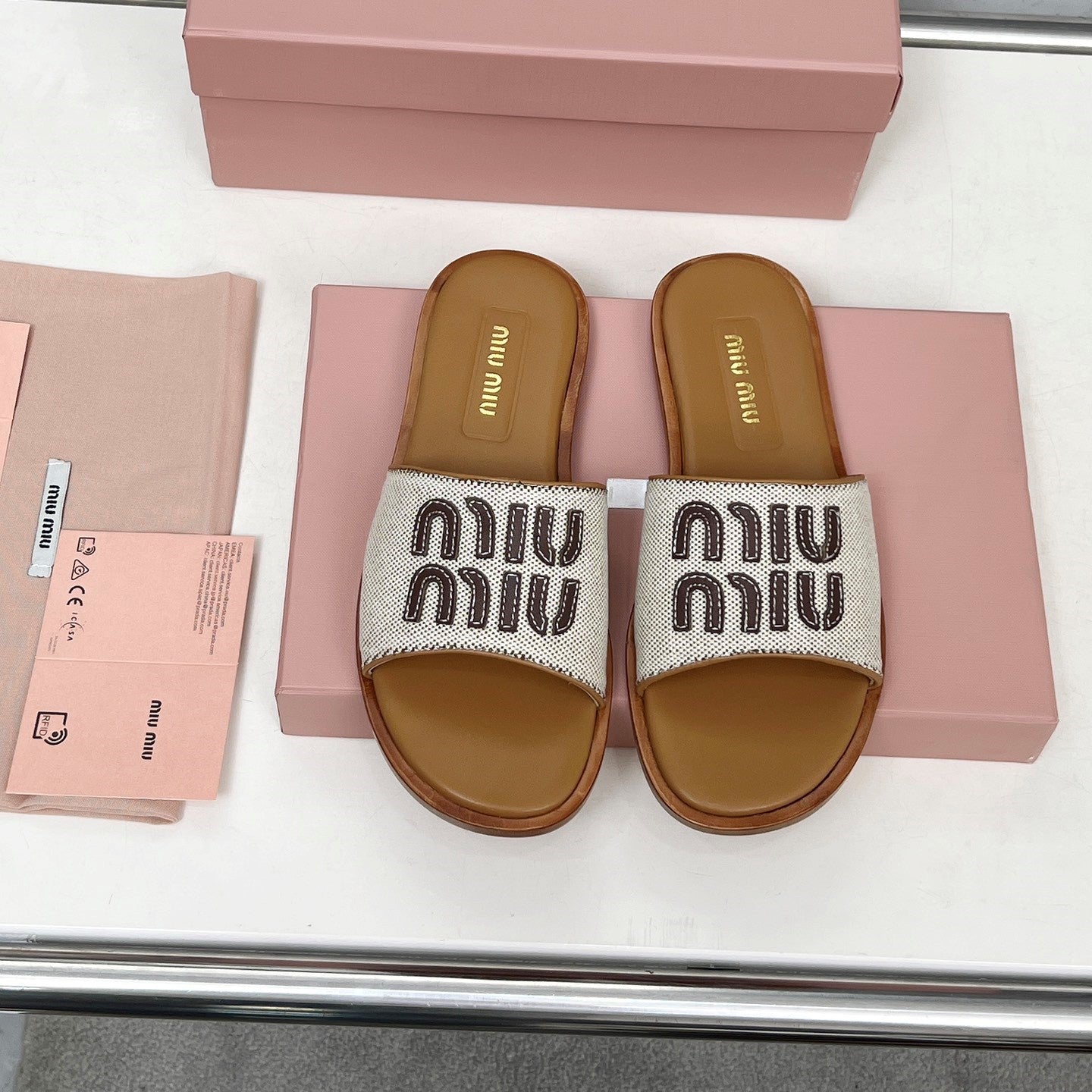 Miu Logo-Patch Slides Brown White Leather Canvas 935775