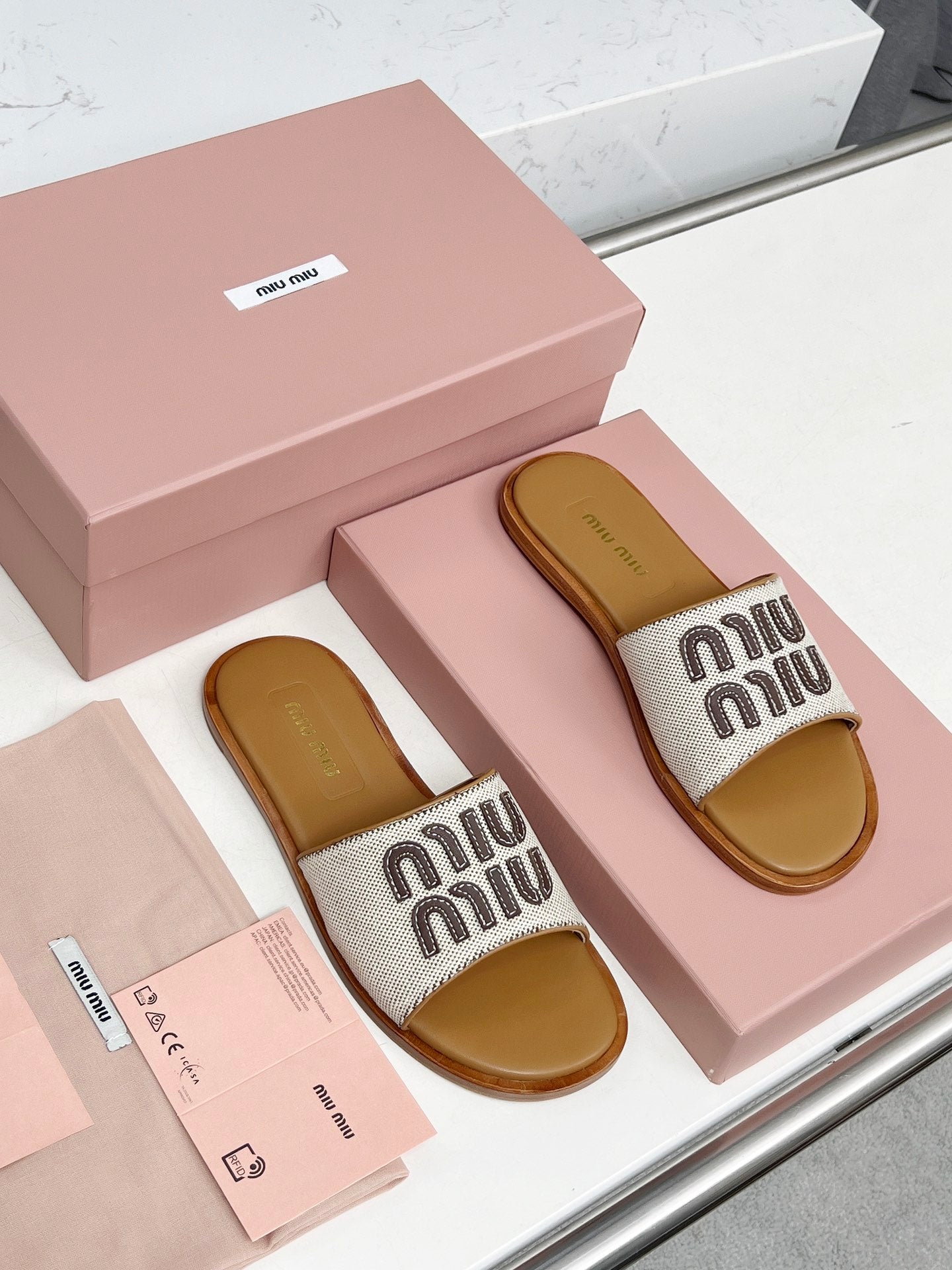 Miu Logo-Patch Slides Brown White Leather Canvas 935775