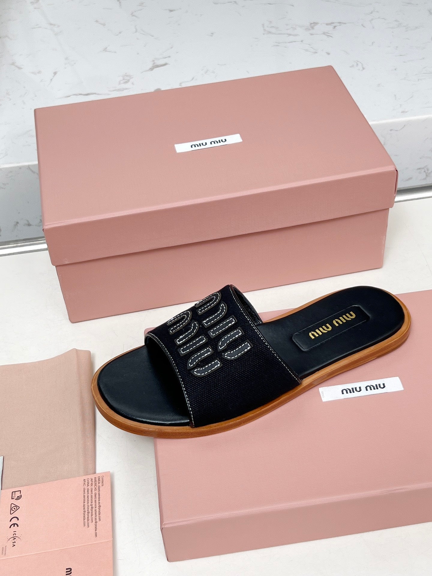 Miu Logo-Patch Slides Black Leather Canvas 935774