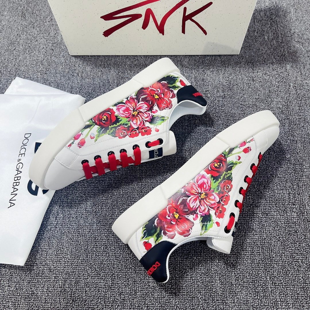 DC Portofino Sneakers White Red Floral-Print & Sheepskin 288469
