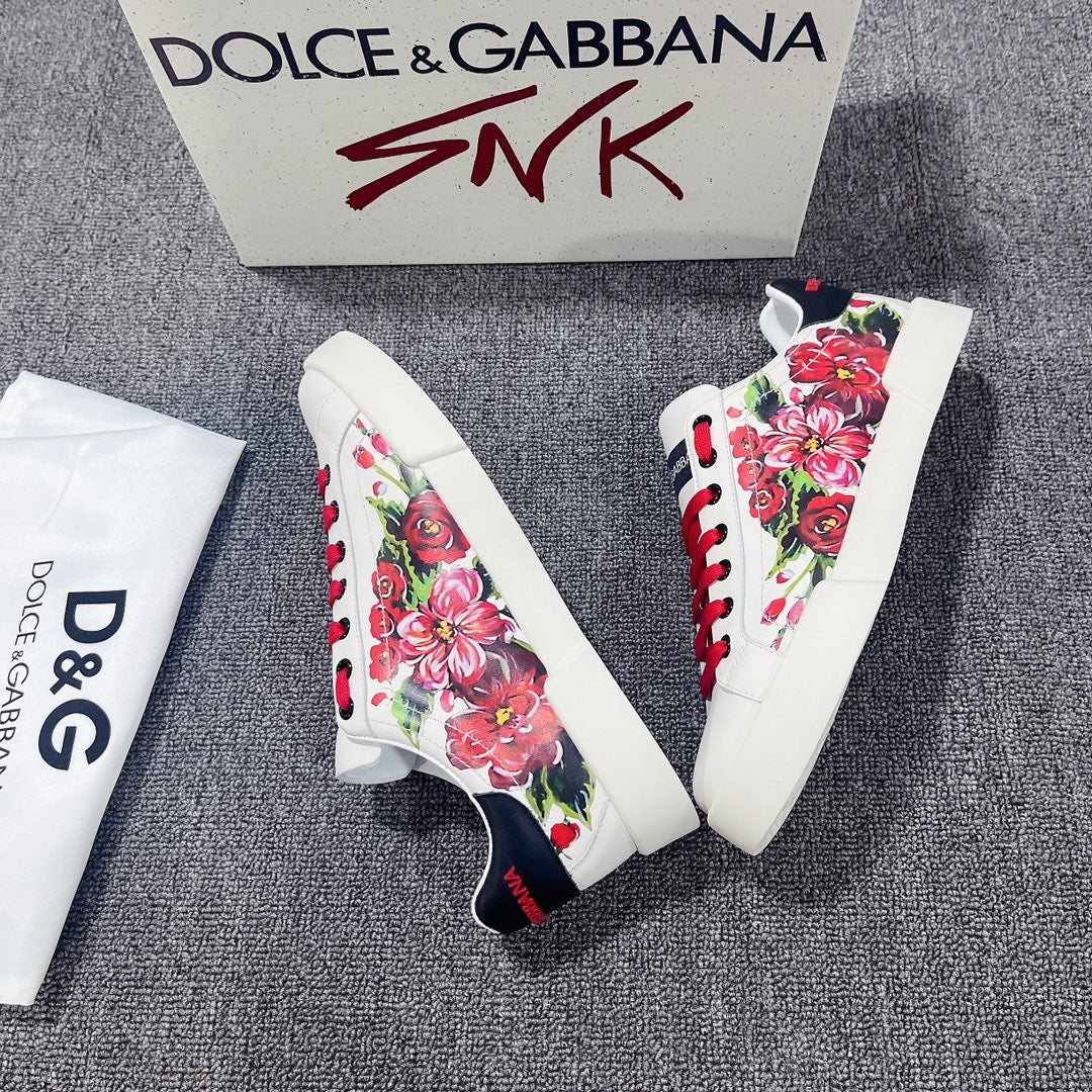 DC Portofino Sneakers White Red Floral-Print & Sheepskin 288469