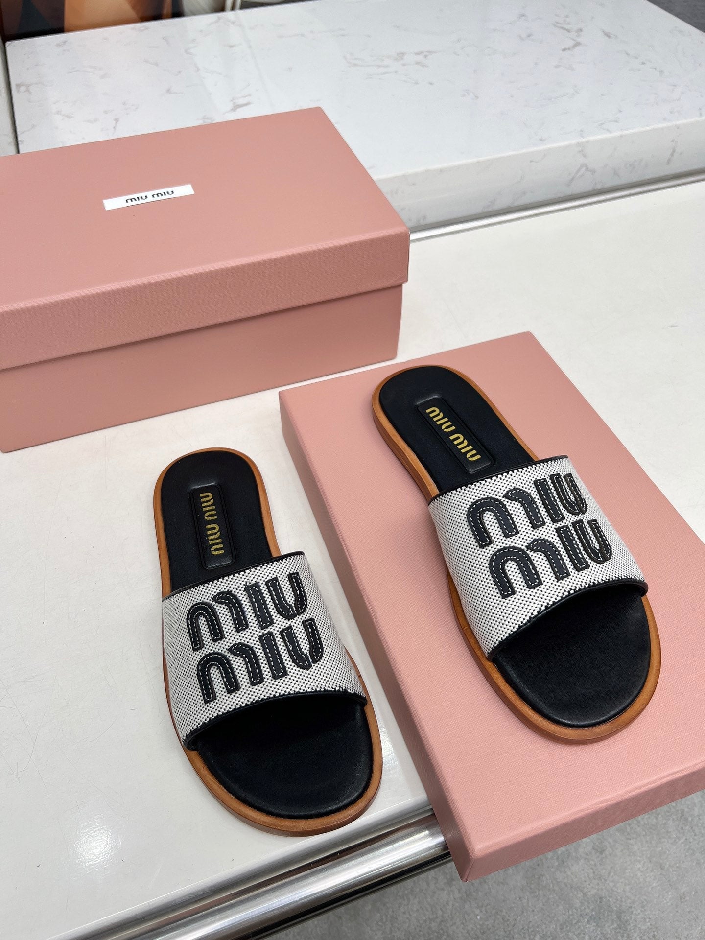 Miu Logo-Patch Slides Black White Leather Canvas 935776