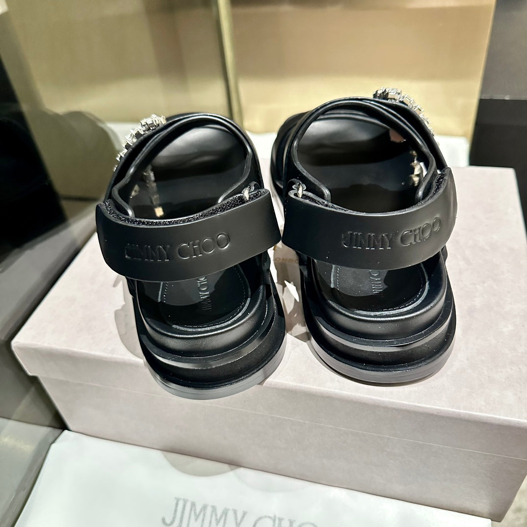 Jimmy Rhinestone Verity Sandals Black Leather 326426