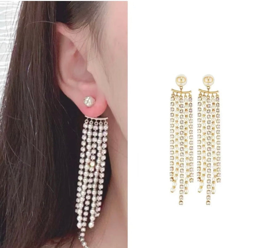 CD 26S Multi Strand Pearl Crystal Tassel Drop Earrings In Gold Metal 631775