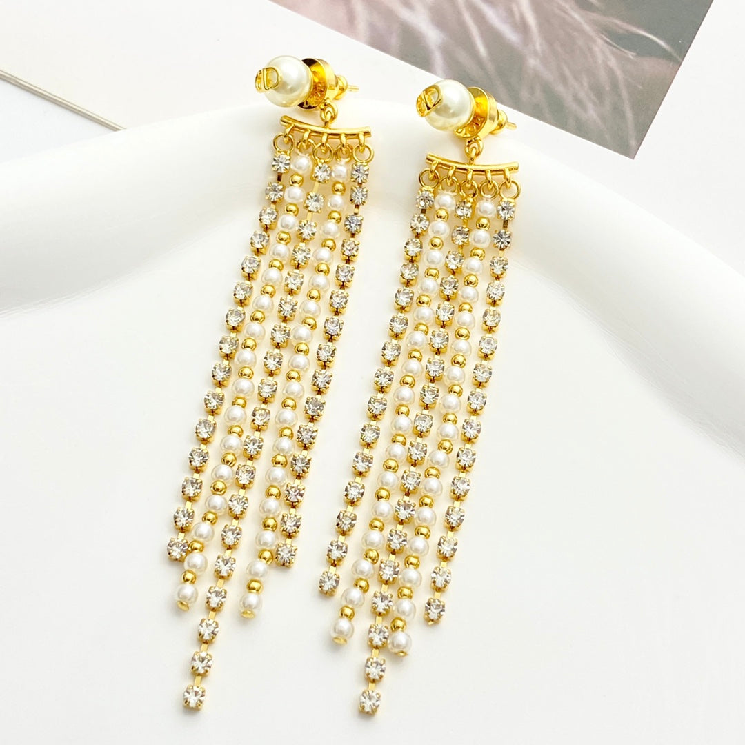 CD 26S Multi Strand Pearl Crystal Tassel Drop Earrings In Gold Metal 631775