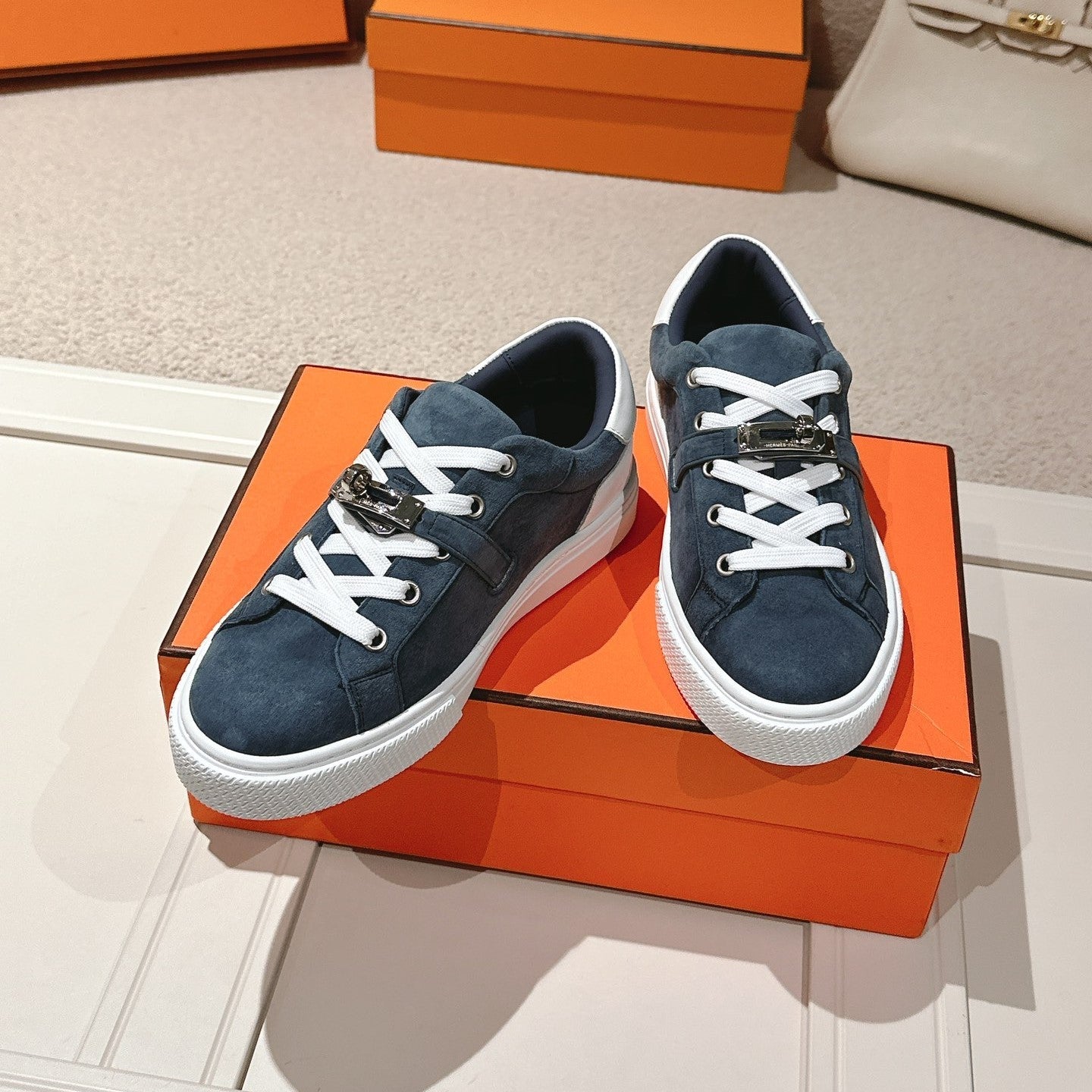 HM Day Sneakers White Dark Blue Suede Calfskin 577510