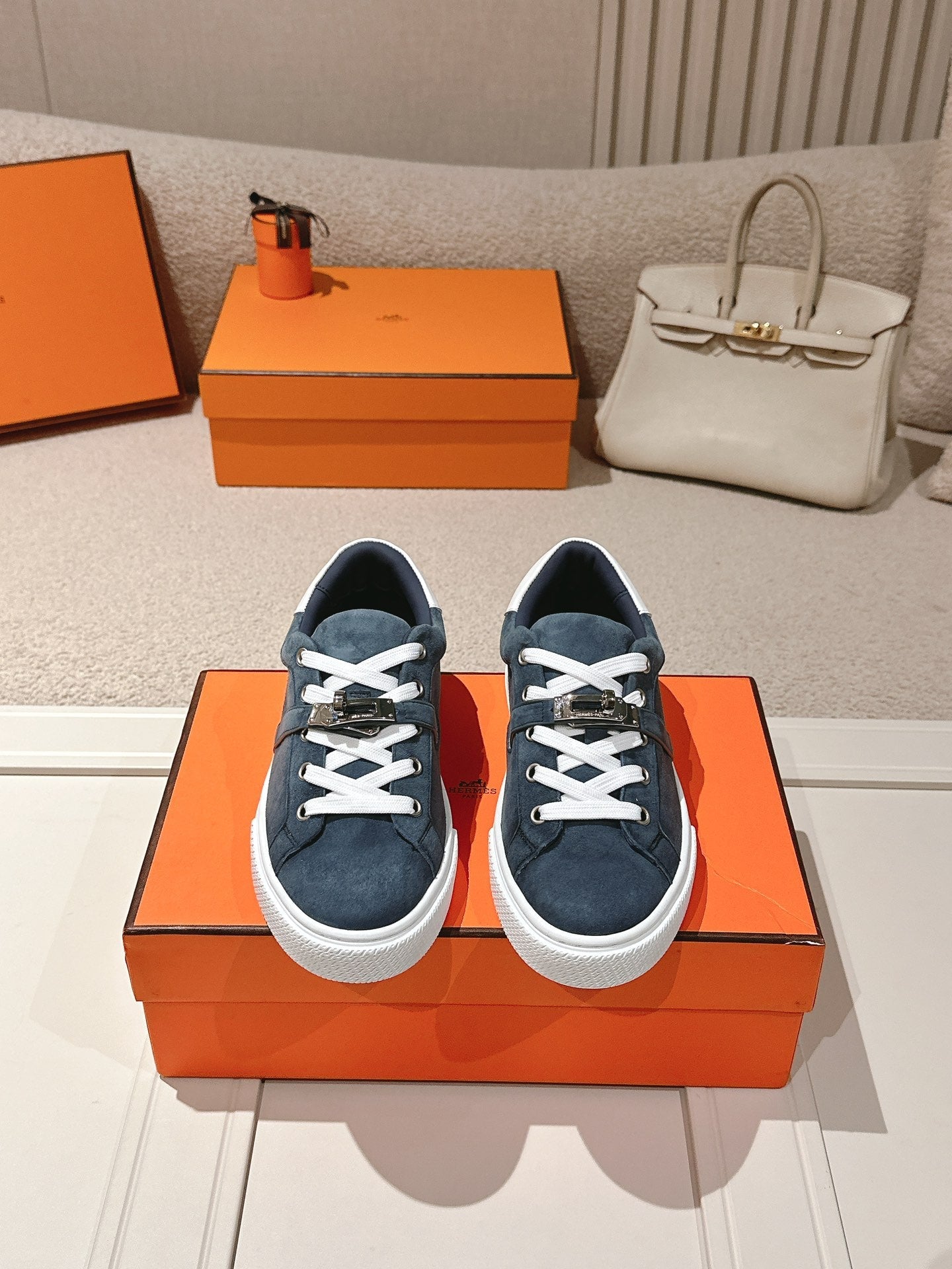 HM Day Sneakers White Dark Blue Suede Calfskin 577510