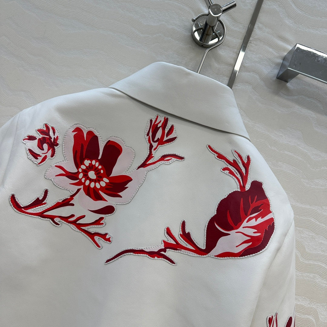 Fendi 26s Floral Inlay Cropped Leather Jacket White Lambskin 427220