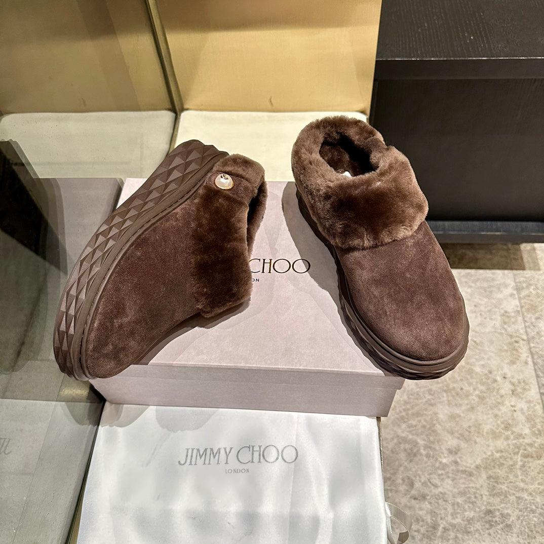 Jimmy Choo Flip Flops Dark Brown Suede Shearling Lining 538897