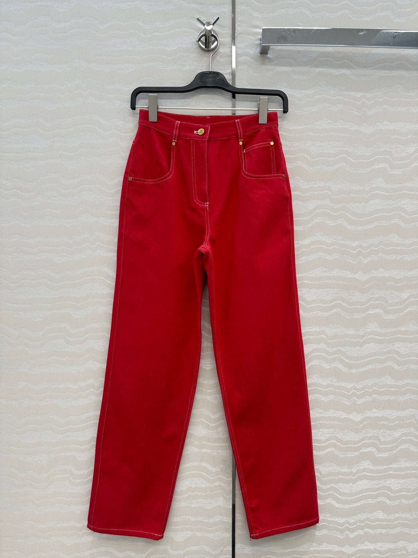 HM SS26 High-Waist Straight-Leg Denim Pants Red Cotton 351133