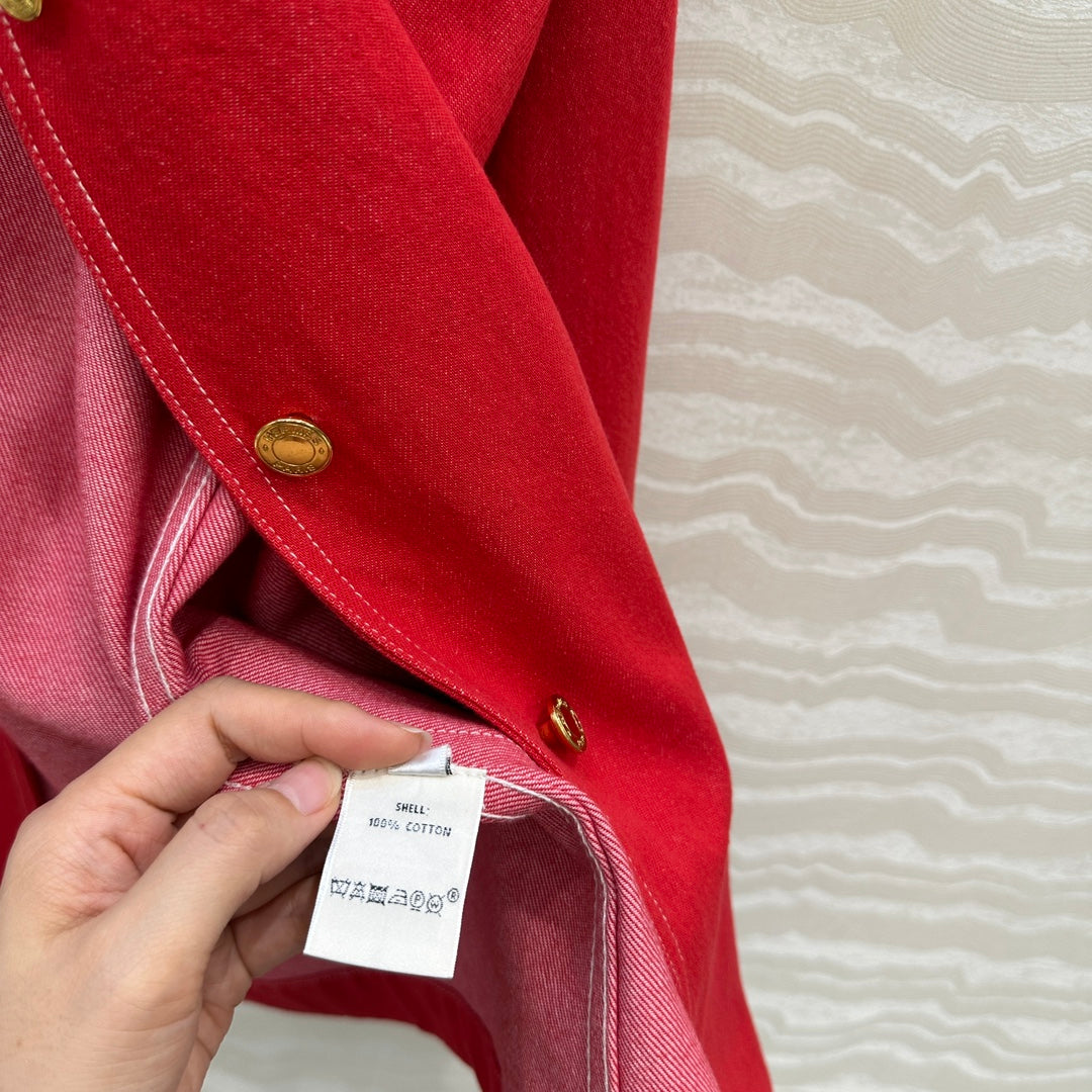 HM SS26 Horseshoe Pocket Oversized Denim Jacket Red Cotton 351136