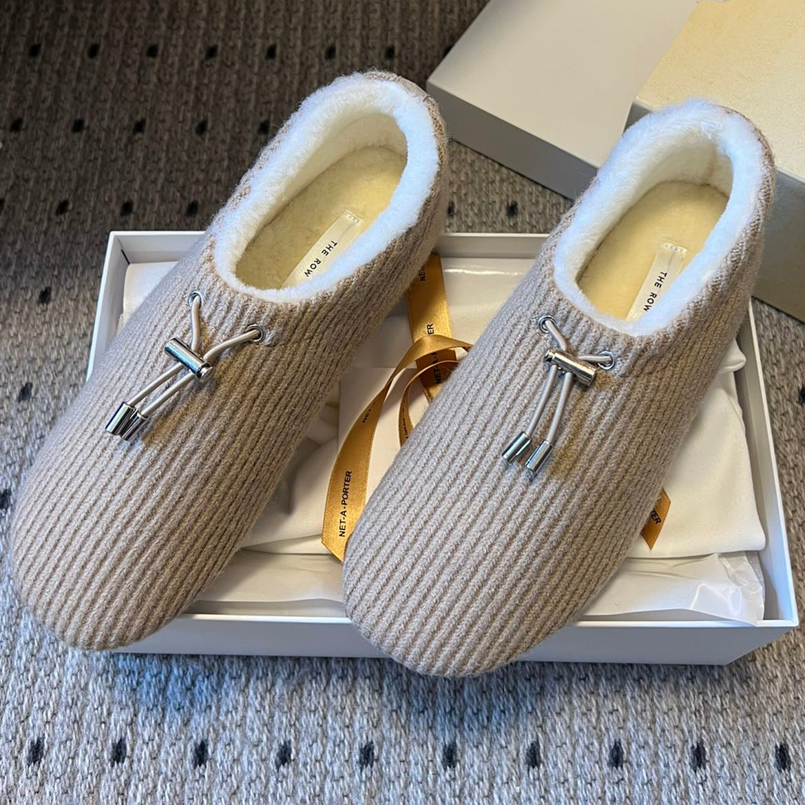 The Row 2025 Striped Furry Slipper Beige White Wool 561638