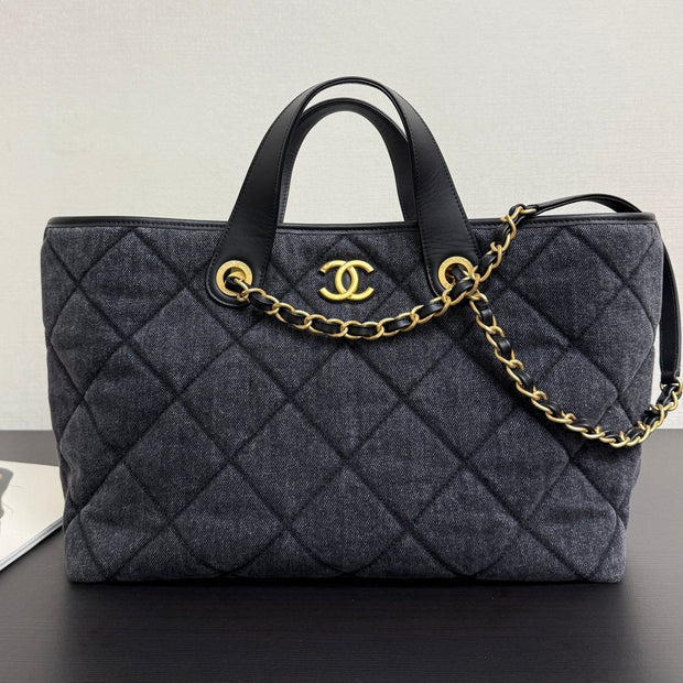 Chanel 2026 Tote Bag 44cm Black Quilted Denim Leather