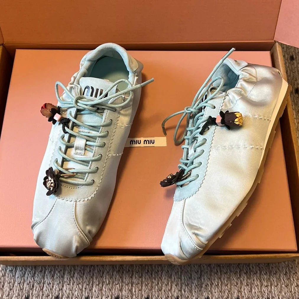 Miu Miu 2026 Plume Sneaker With Floral Charm Light Blue Satin 621342