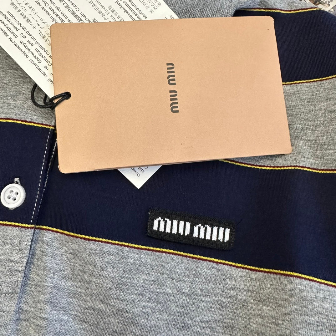 Miu SS26 Polo T-Shirt Striped Black Grey Cotton 350879