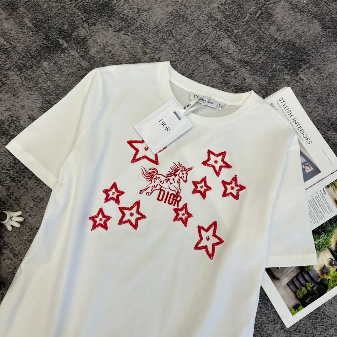 CD SS26 Embroidery Unicorn Stars T-shirt Cotton 350679