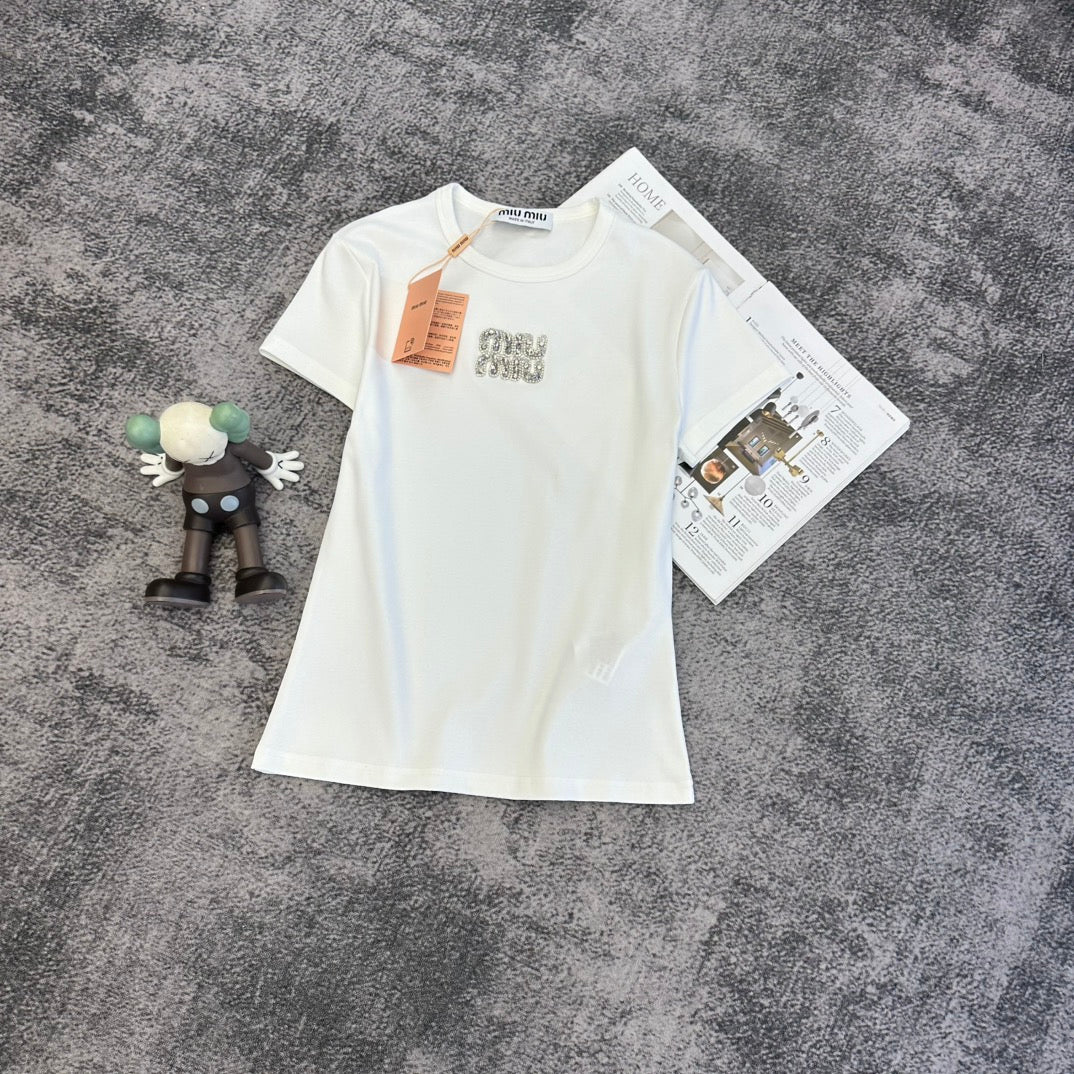 Miu SS26 Crystals Logo Embroidery T-shirt Cotton 350561