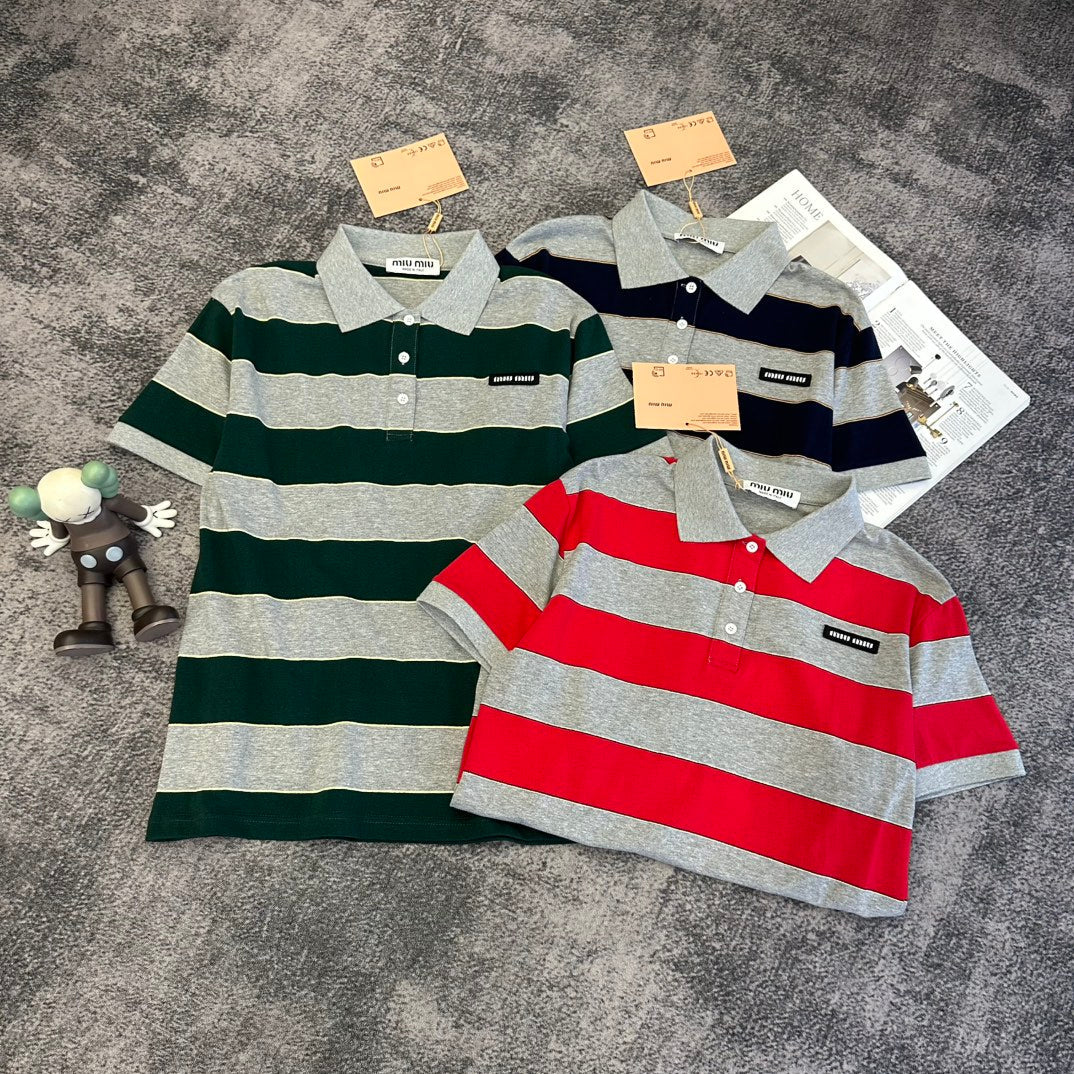 Miu SS26 Striped Jersey Polo Shirt Cotton 350620