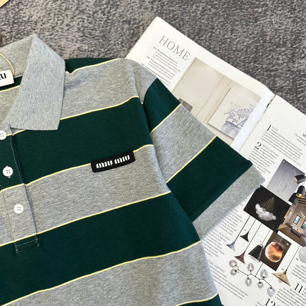 Miu SS26 Striped Jersey Polo Shirt Cotton 350620